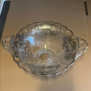 Elegant Clear Glass Bowl with Floral Design Silver Overlay 7 Inch Handle bowl